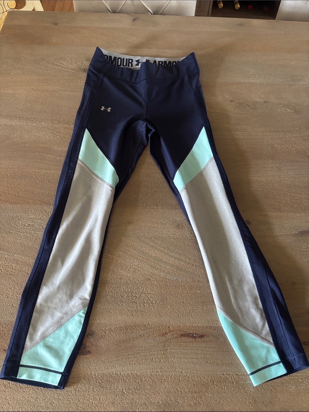 Under Armour Navy Leggings with Mint and Light Gray Panels